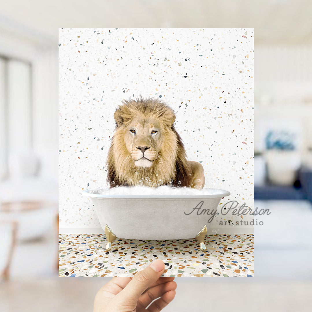 a lion sitting in a bathtub with his head in the bathtub