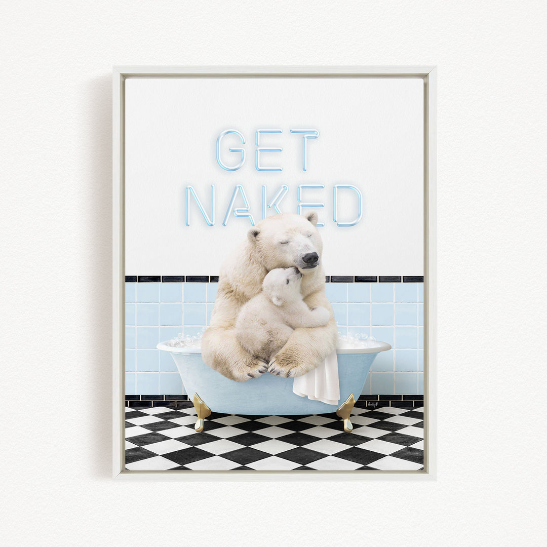 A polar bear sitting in a bathtub with a sign that says "GET NAKED" above it.
