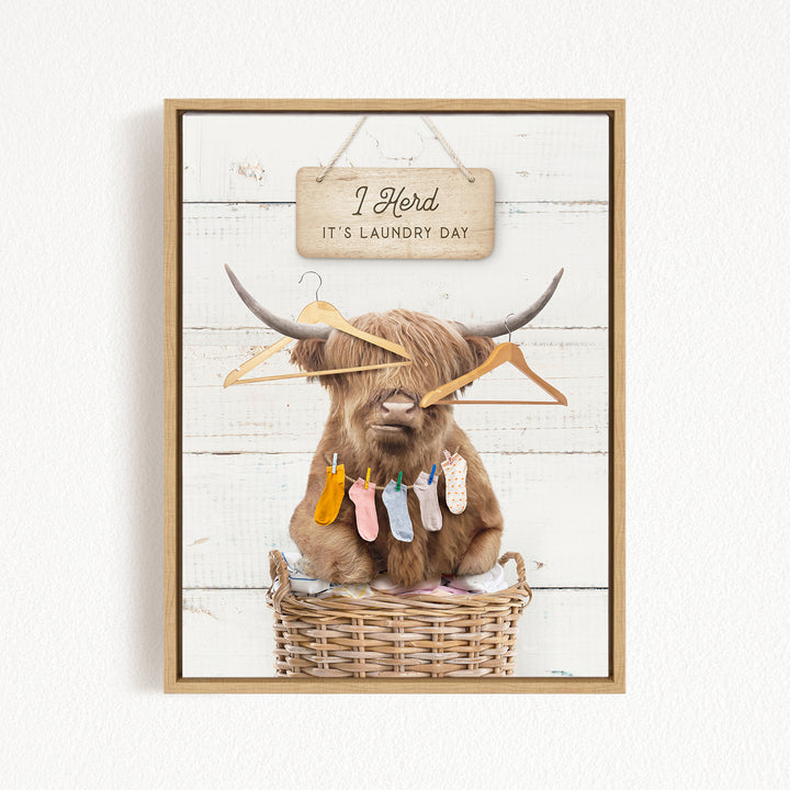 A framed image depicting a Highland cow sitting in a wicker basket, surrounded by clothes and a sign that reads "It's laundry day".