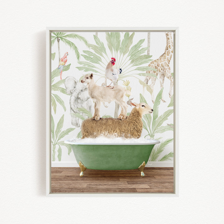 A collage of various animals, including a dog, cat, sheep, and bird, all sitting or standing on a green bathtub against a tropical wallpaper background.