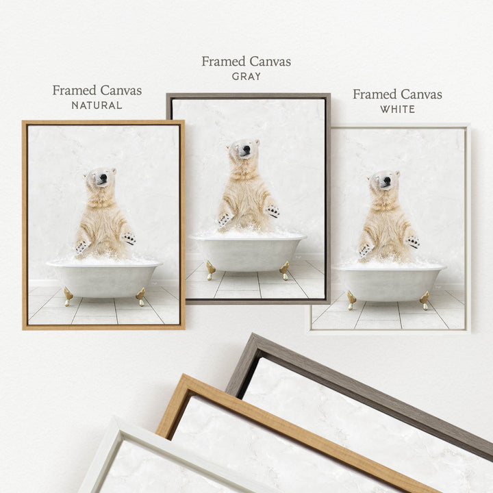 a polar bear sitting in a bathtub, with three different framed canisters containing the polar bear in various colored frames.