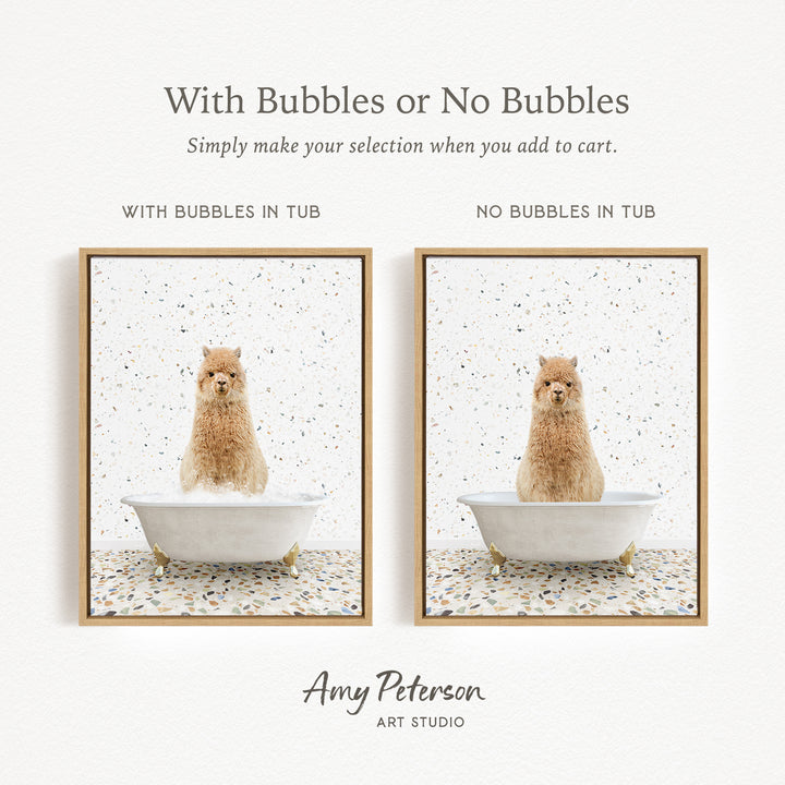 The image is a collage of two pictures featuring a dog sitting in a bathtub. The dog appears to be a small, furry animal, possibly a puppy or a dog breed with a similar appearance. The images are framed and displayed side by side, with the text "With Bubbles or No Bubbles" above them.