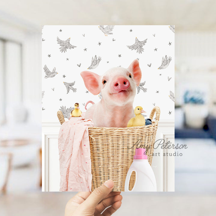 a person holding a basket with a pig in it