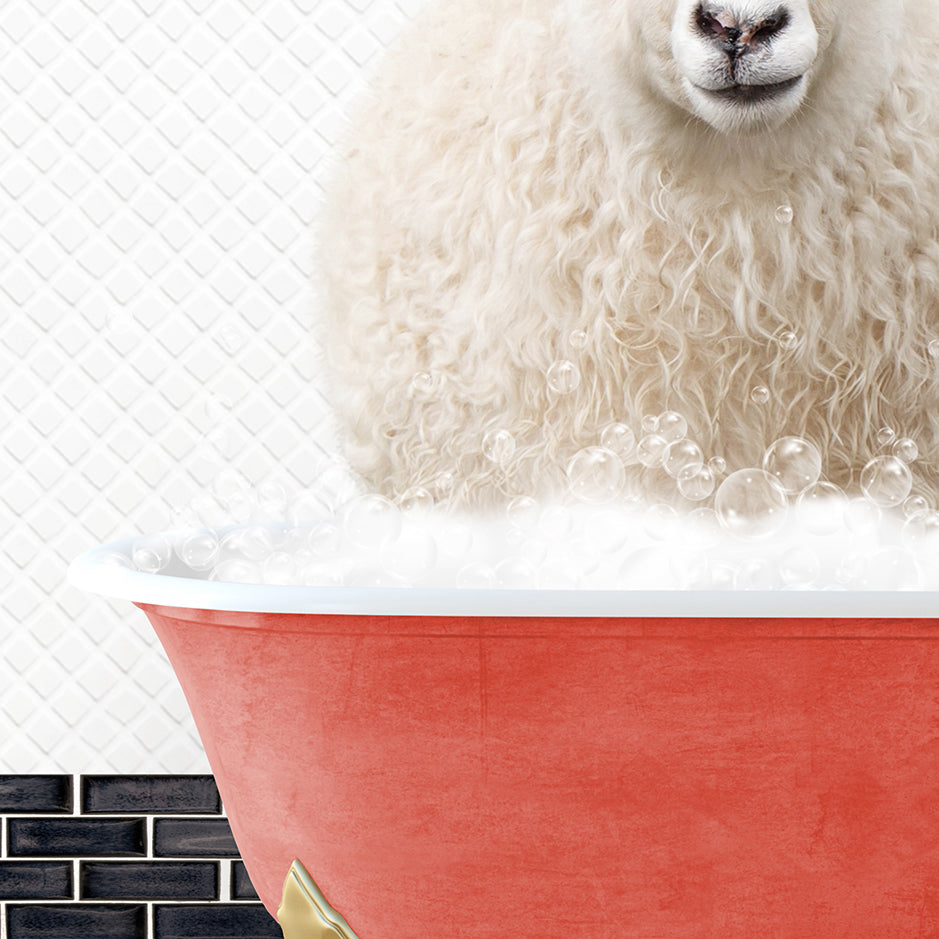 a sheep is sitting in a bathtub with bubbles