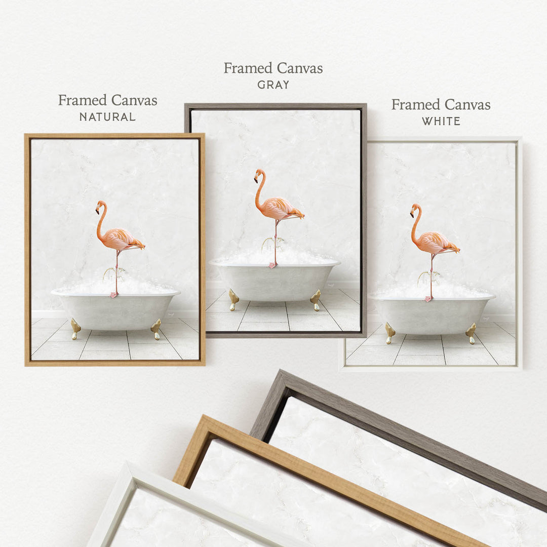 three framed pictures of a flamingo standing in a bathtub, each with a different frame color: natural, gray, and white.