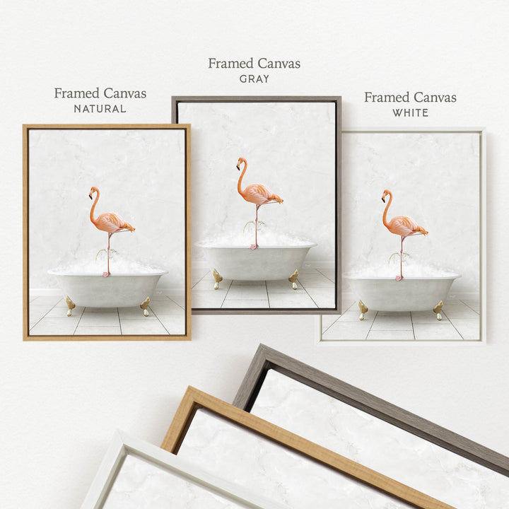 three framed pictures of a flamingo standing in a bathtub, each with a different frame color: natural, gray, and white.