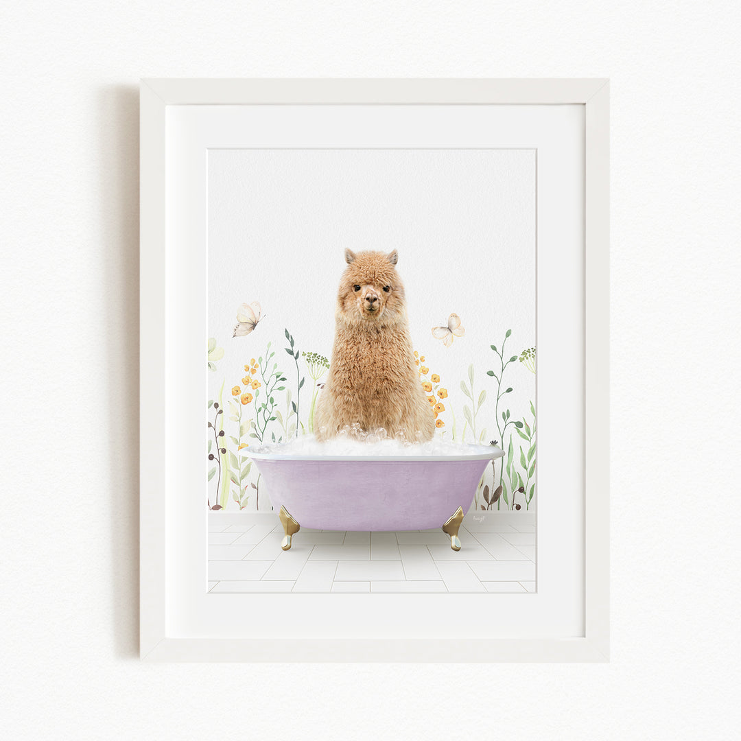 A fluffy brown dog sitting in a purple bathtub filled with bubbles, surrounded by flowers and butterflies.