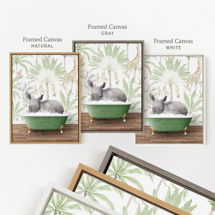 three framed prints of a scene with a gray elephant sitting in a green bathtub, surrounded by tropical foliage.