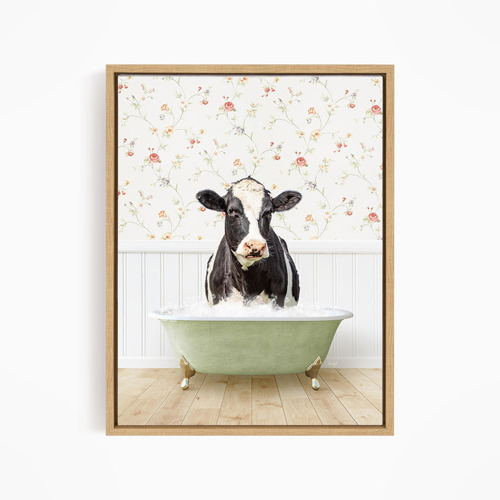 A black and white cow is sitting in a green bathtub filled with water, with a floral wallpaper in the background.