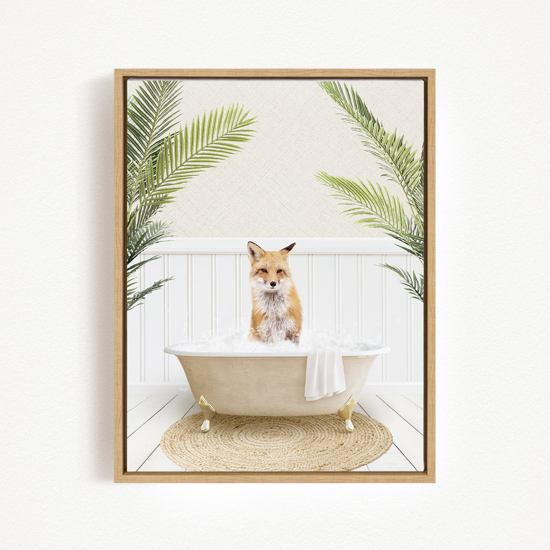 A fox is sitting in a bathtub filled with water, surrounded by palm leaves, creating a whimsical and playful scene.