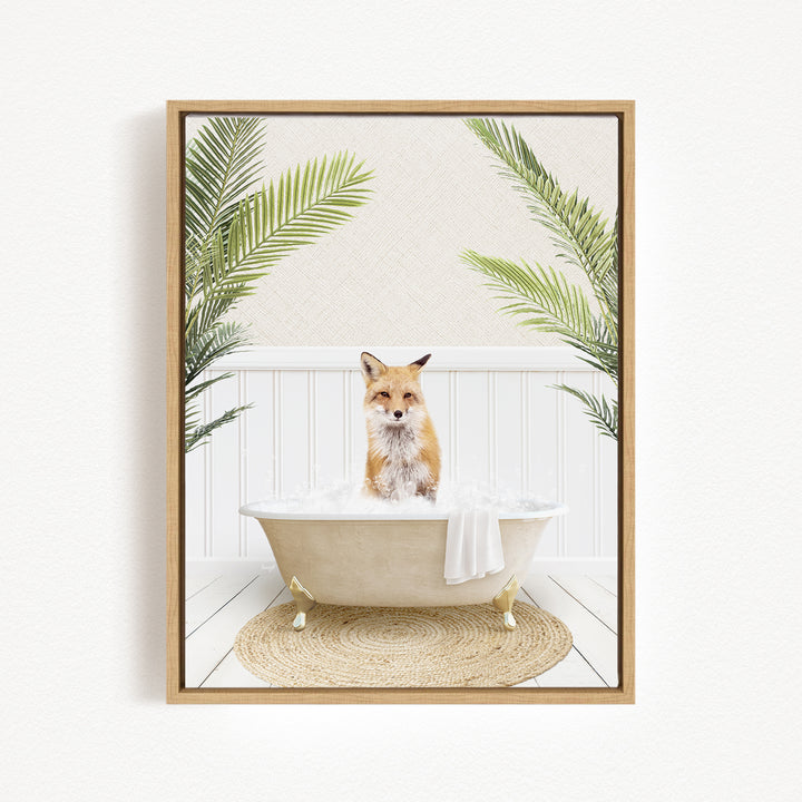 A fox is sitting in a bathtub filled with water, surrounded by palm leaves, creating a whimsical and playful scene.