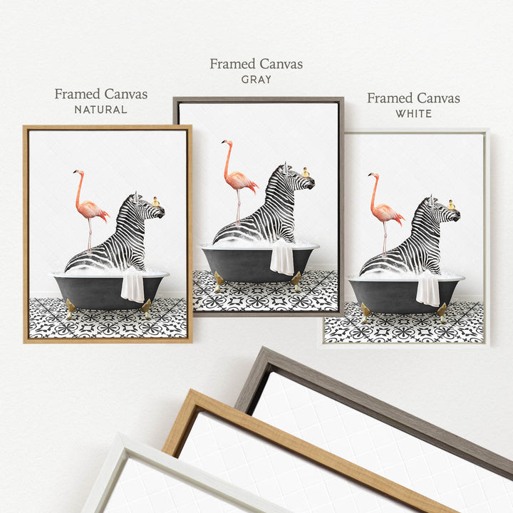 three framed pictures of a zebra sitting in a bathtub, with a flamingo standing on its back. The pictures are labeled as " Framed Canvas" in different colors: "Natural", "Grey", and "White".