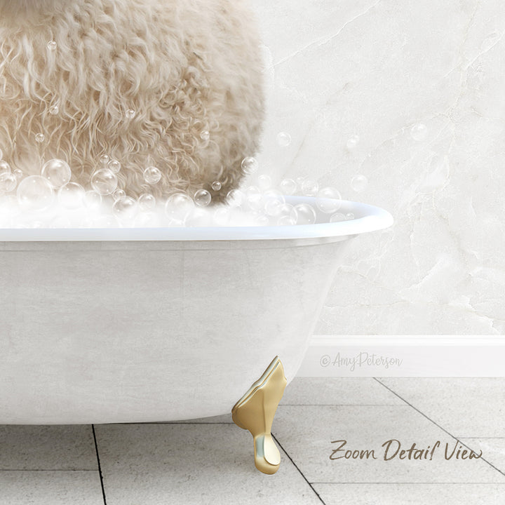 A fluffy white dog is sitting in a white bathtub filled with bubbles, with a gold claw bathtub faucet visible.