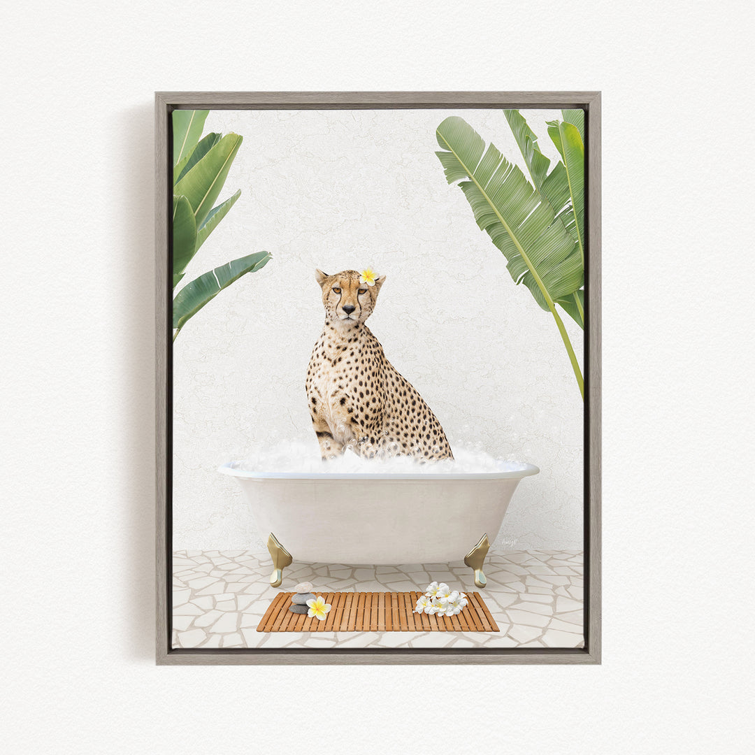 A cheetah sitting in a white bathtub, surrounded by tropical plants and flowers, creating a whimsical and playful scene.