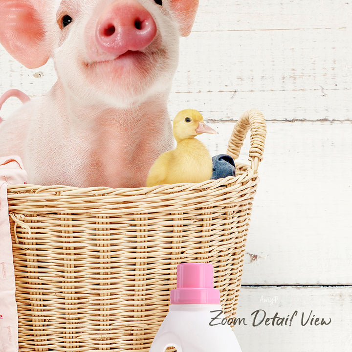 A cute piglet sits in a wicker basket, accompanied by a small yellow duckling.