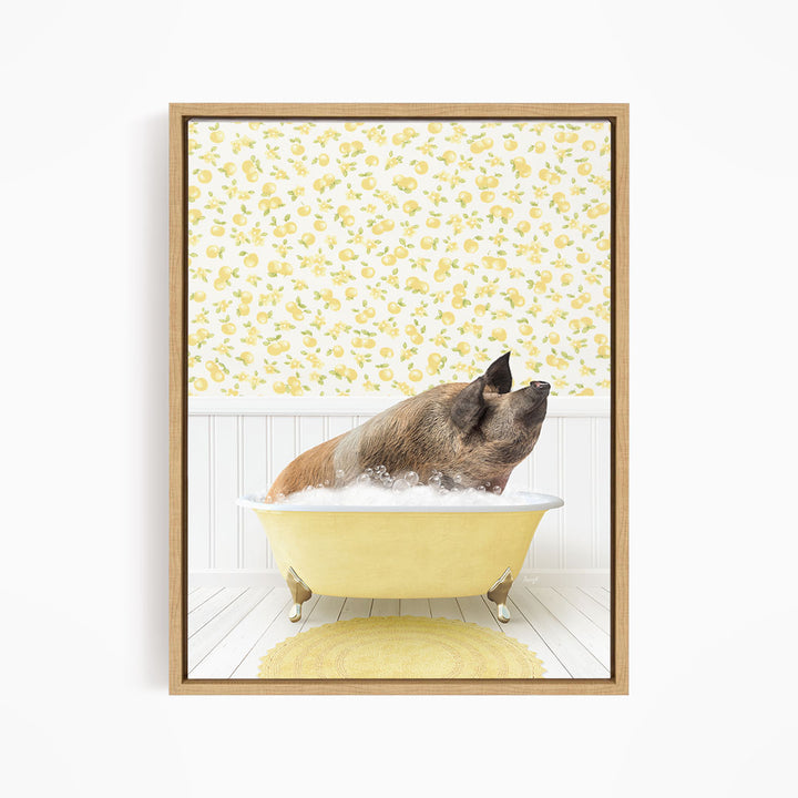 A pig sitting in a yellow bathtub filled with water, surrounded by a yellow floral pattern on the wall behind it.