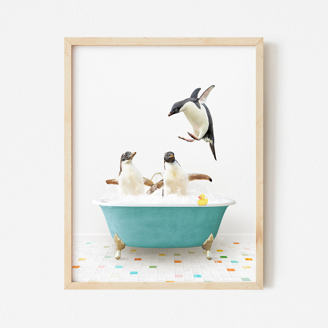 a picture of a group of penguins in a bathtub