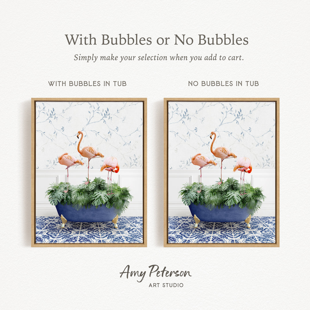 The image is a framed print featuring two different floral arrangements. The first arrangement has a blue tub with green plants, and the second arrangement has a blue tub with green plants without any bubbles. The text above the images reads "With Bubbles or No Bubbles Simply make your selection when you add to cart."