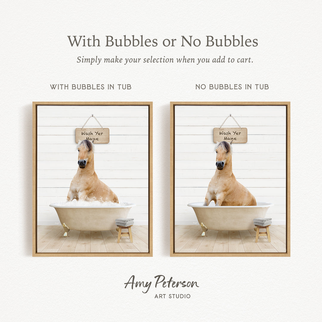 The image is a collage of two pictures featuring a horse sitting in a tub with a sign that says "Wash Yer Maye" hanging above it. The sign is made of wood and has a rustic appearance. The collage is titled "With Bubbles or No Bubbles" and is presented by Amy Peterson from Art Studio.