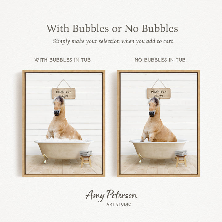 The image is a collage of two pictures featuring a horse sitting in a tub with a sign that says "Wash Yer Maye" hanging above it. The sign is made of wood and has a rustic appearance. The collage is titled "With Bubbles or No Bubbles" and is presented by Amy Peterson from Art Studio.