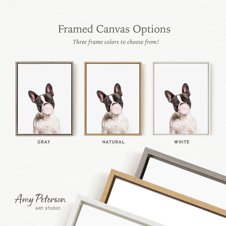 three framed canvas options for a dog, each with a different frame color: gray, natural, and white.