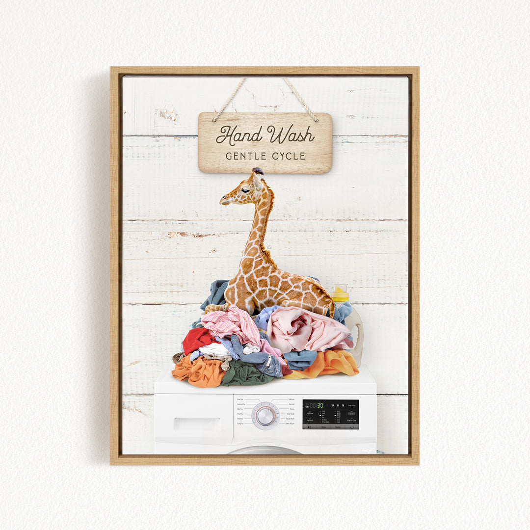 A giraffe sitting atop a pile of laundry, with a sign above that reads "Hand Wash Gentle Cycle".