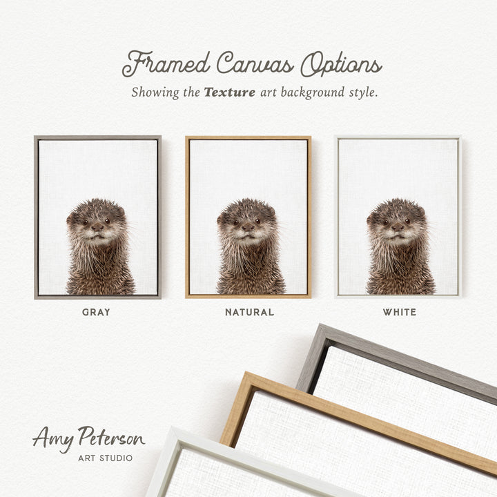 three framed canvas options, each with a different background color: gray, natural, and white. The text above the images reads " Framed Canvas Options" and "Showing the Texture art background style." The artist's name, Amy Peterson, is also mentioned at the bottom of the image.