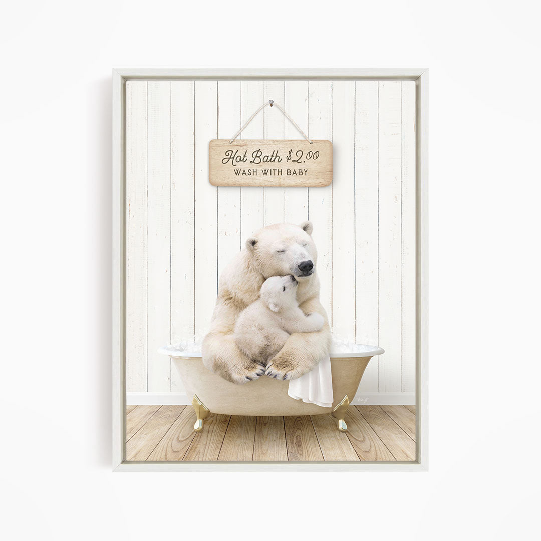 A polar bear and its cub sitting in a bathtub, with a sign above them that reads "Hot Bath $2.00 WASH WITH BABY".
