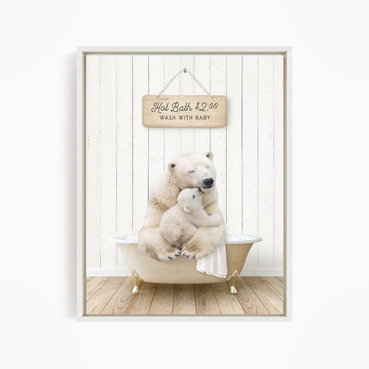 A polar bear and its cub sitting in a bathtub, with a sign above them that reads "Hot Bath $2.00 WASH WITH BABY".
