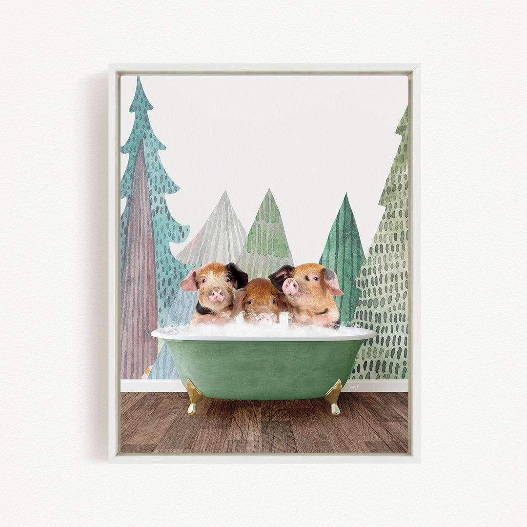 Three adorable pigs sitting in a green bathtub, surrounded by a forest-themed background.