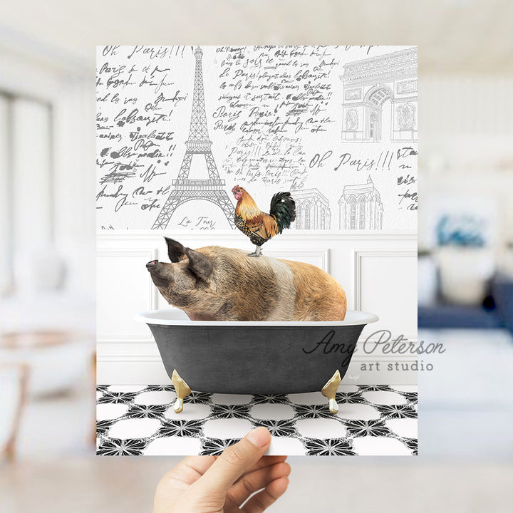 a person holding a card with a dog in a bathtub