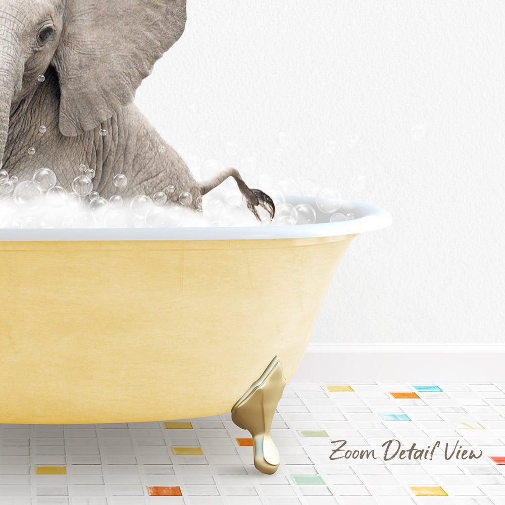 A large elephant is sitting in a yellow bathtub filled with bubbles, creating a whimsical and playful scene.