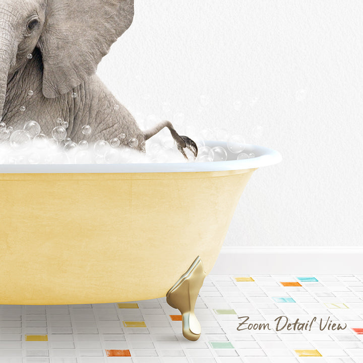 A large elephant is sitting in a yellow bathtub filled with bubbles, creating a whimsical and playful scene.