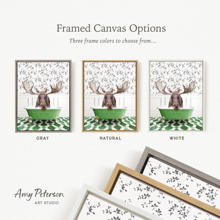 The image is a framed canvas option featuring three different framed pictures of a moose in a bathtub, each with a different frame color: gray, natural, and white.