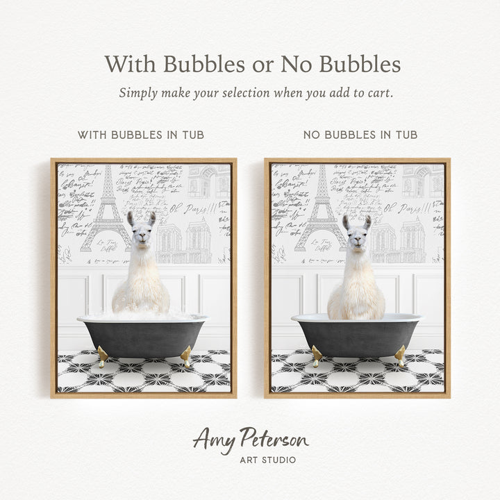 The image is a collage of two framed pictures, each featuring a white llama sitting in a bathtub. The llama appears to be enjoying a bubble bath, with bubbles surrounding it. The text above the images reads "With Bubbles or No Bubbles" and below the images, it says "Simply make your selection when you add to cart."