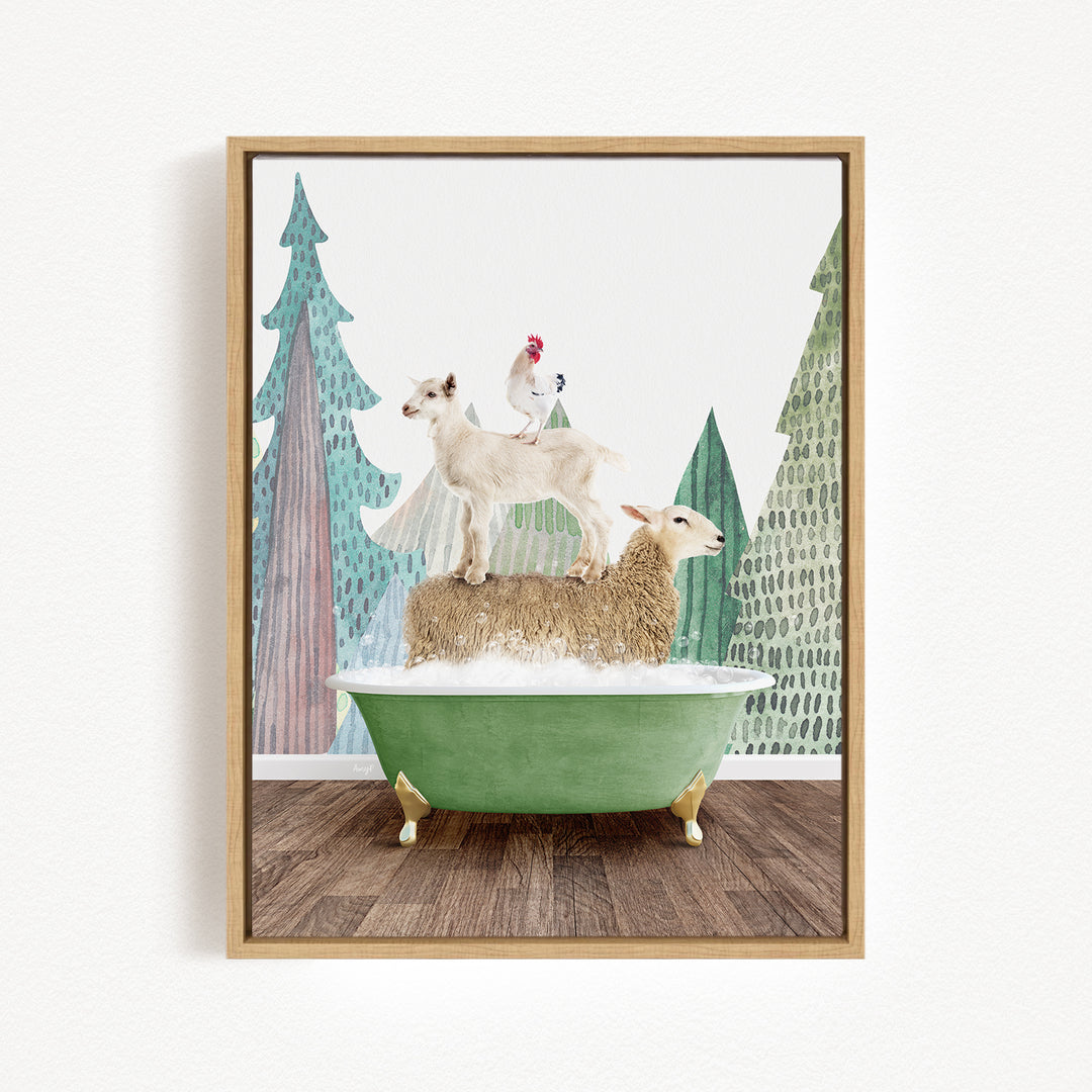 A framed illustration depicting a sheep standing on a green bathtub, with a rooster perched on top of the sheep.