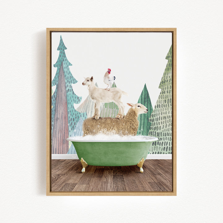 A framed illustration depicting a sheep standing on a green bathtub, with a rooster perched on top of the sheep.