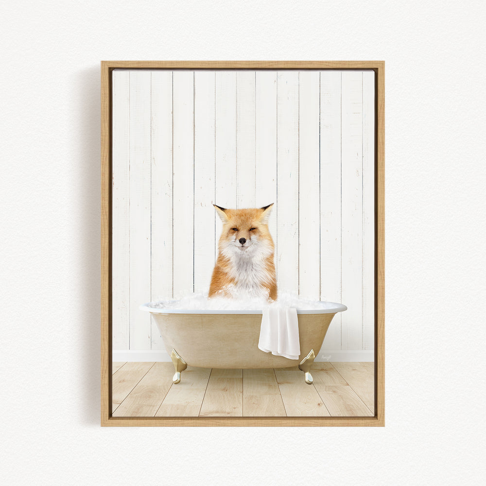 A red fox sitting in a white bathtub filled with water, with a towel draped over the side of the tub.