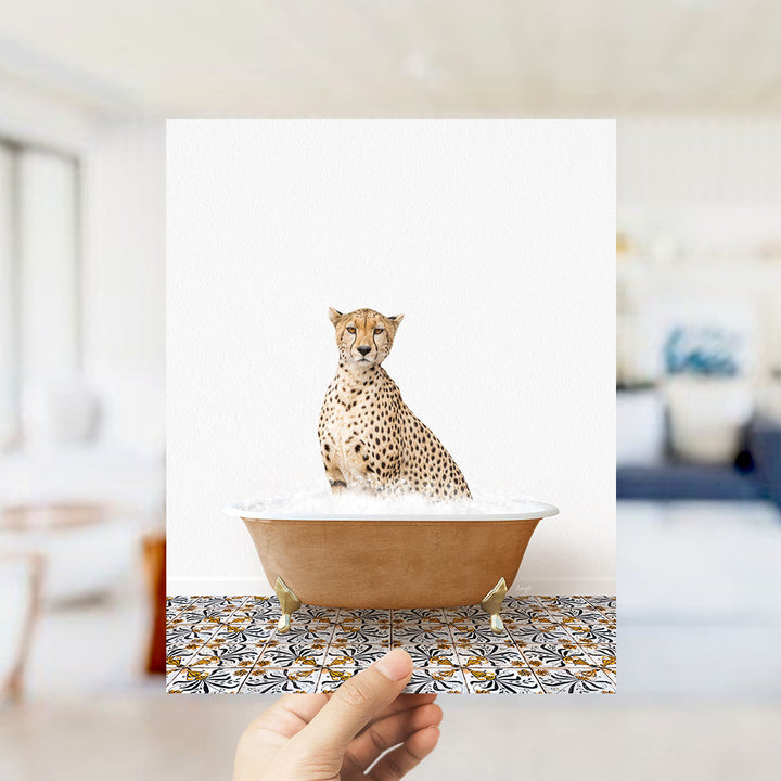 A cheetah sitting in a bathtub filled with water, as if it were taking a bath.