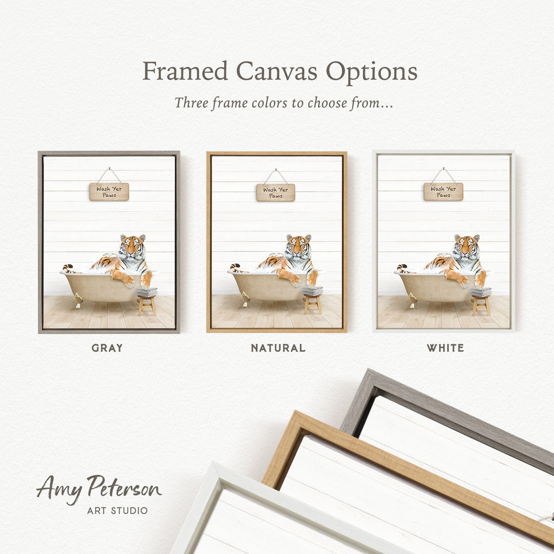 The image is a framed canvas option featuring a tiger relaxing in a bathtub, with three different frame colors to choose from: gray, natural, and white.