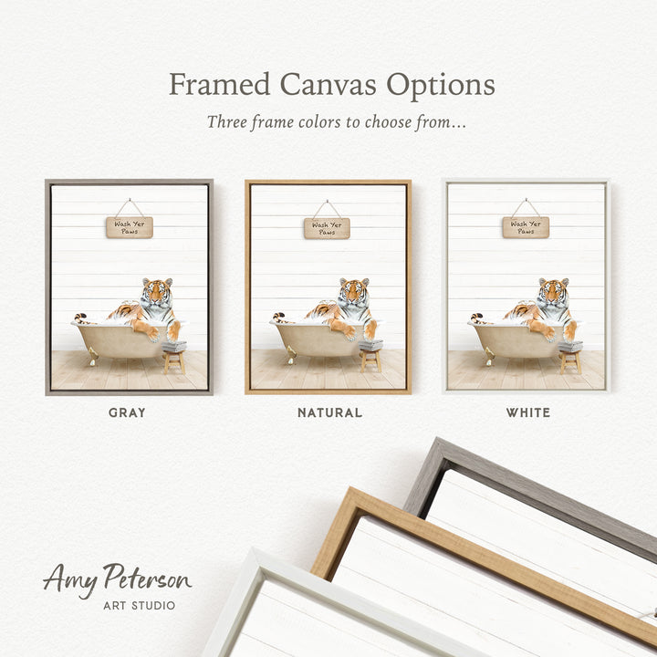 The image is a framed canvas option featuring a tiger relaxing in a bathtub, with three different frame colors to choose from: gray, natural, and white.