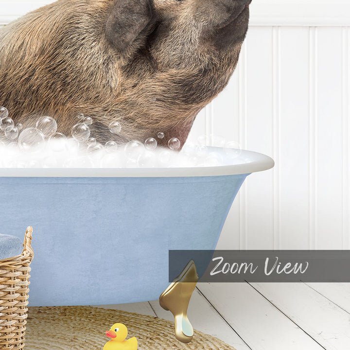 A pig is sitting in a blue bathtub filled with bubbles, surrounded by rubber ducks and a basket.
