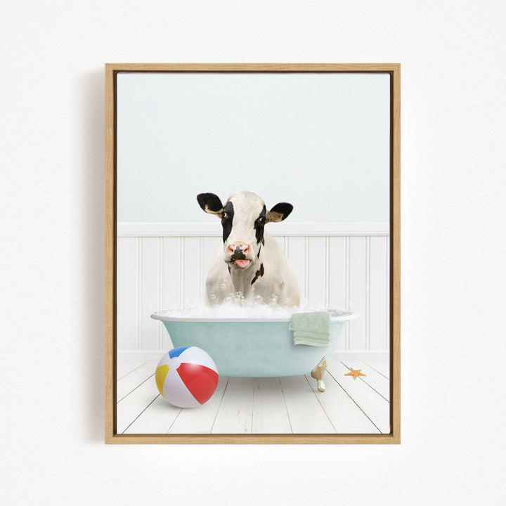 A black and white cow is sitting in a bathtub filled with water, surrounded by a beach ball and a towel.