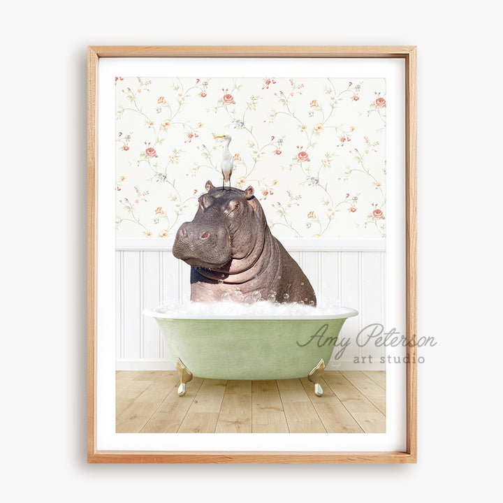 a hippo sitting in a bathtub with a faucet on its head