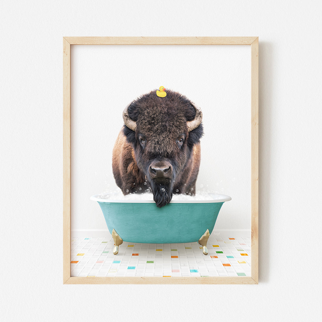 a picture of a bison taking a bath