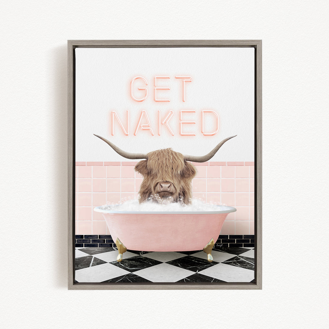 a horned animal, possibly a yak or a yak, sitting in a pink bathtub filled with water, with the text "GET NAKED" displayed above it.