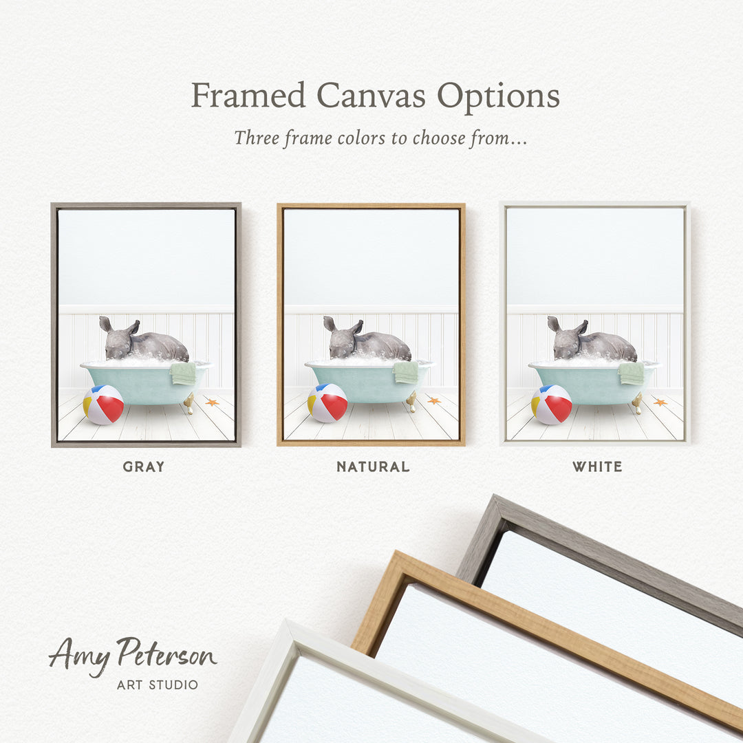three framed canvas options, each featuring a different color: gray, natural, and white. The text above the images reads " Framed Canvas Options" and "Three frame colors to choose from...". The bottom of the image includes the text " Amy Peterson ART STUDIO".