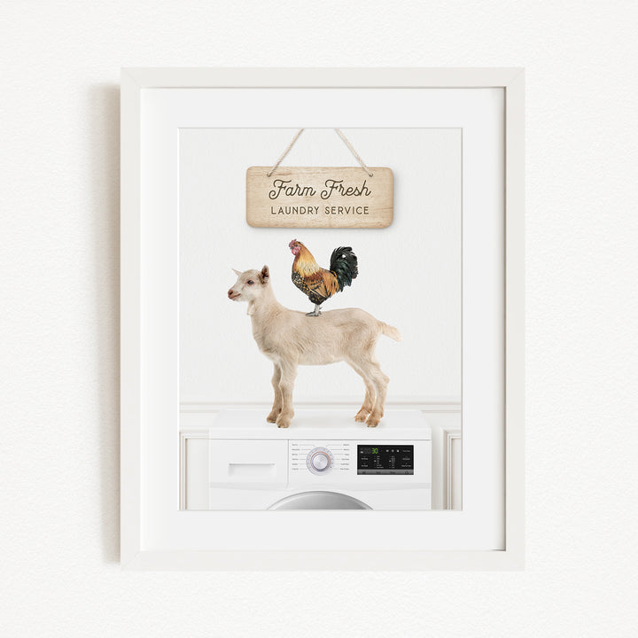 a white washing machine with a sign above it that reads "Farm Fresh Laundry Service". A goat is standing on top of the washing machine, and a rooster is perched on the machine's control panel.