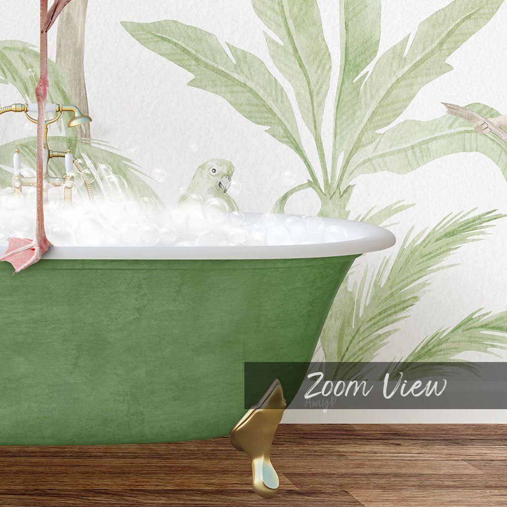 A green clawfoot bathtub filled with bubbles, with a bird perched on the edge of the tub. The bathtub is set against a backdrop of a tropical plant mural.