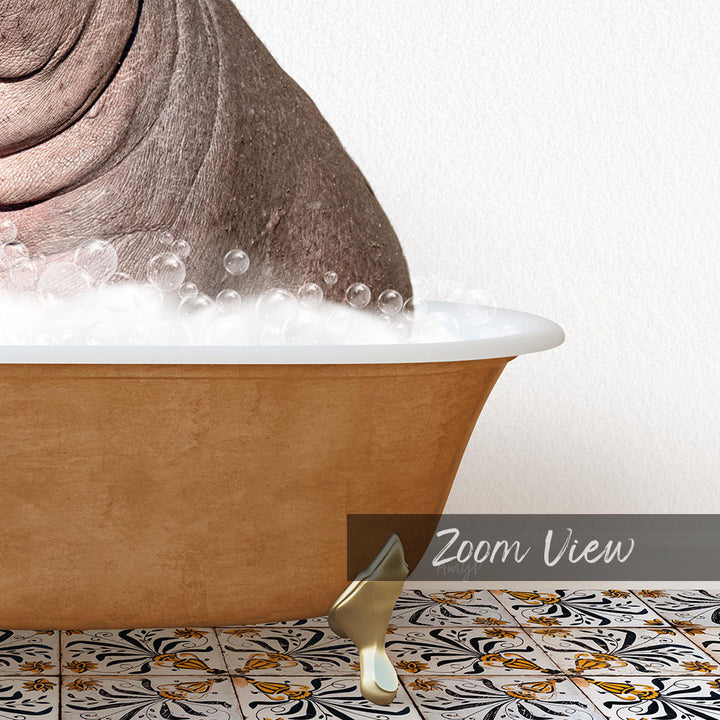 A bathtub filled with bubbles, with a gold bathtub leg visible in the foreground.